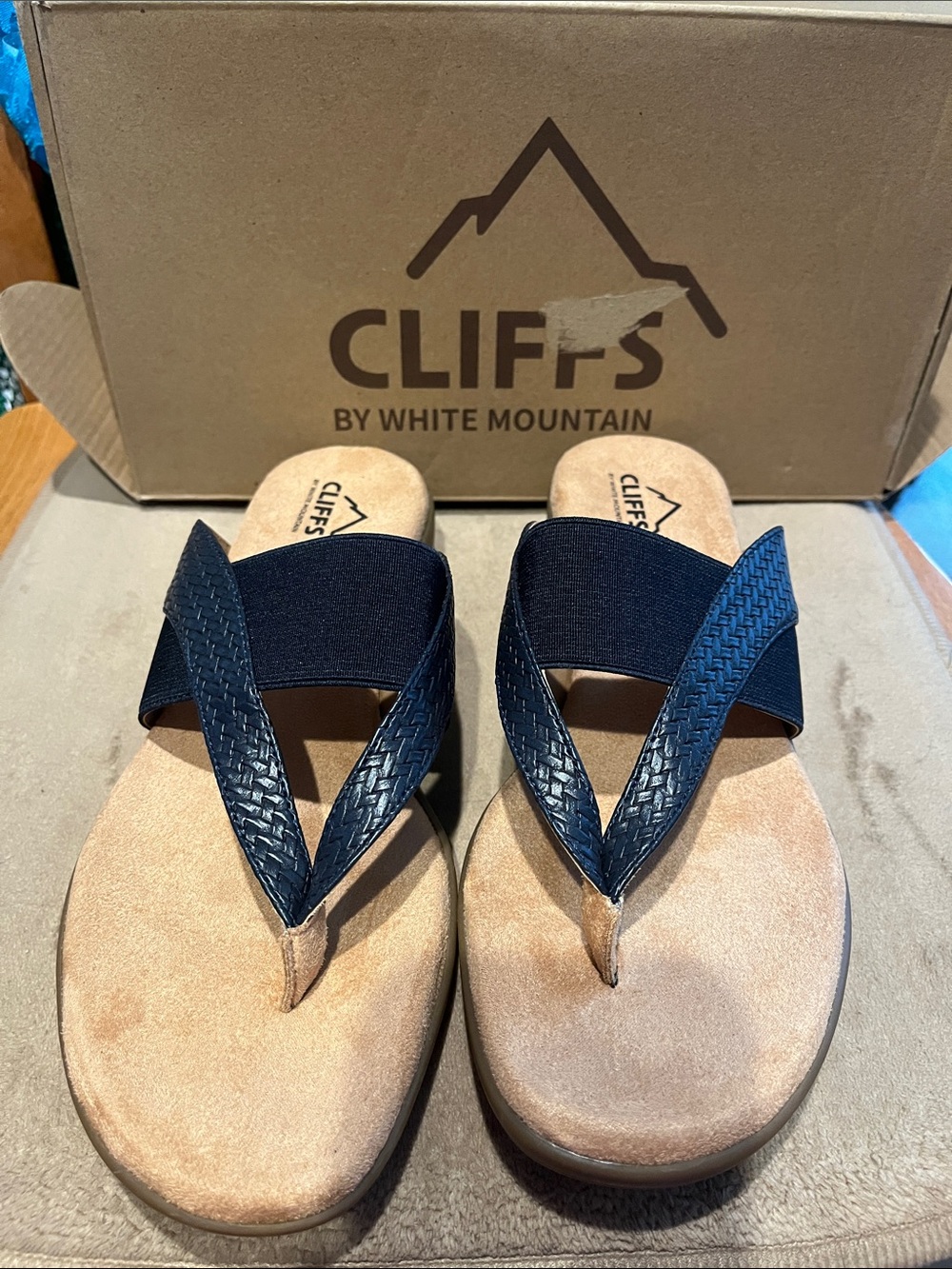 Cliffs by WHITE MOUNTAIN Navy Blue Braided Strap Tan Footbed Sandals